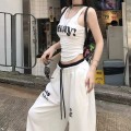 美式运动风字母背心+撞色阔腿长裤套装